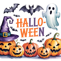 A poster with text Halloween a white background