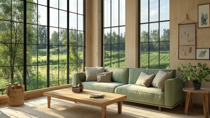 Rustic minimalist living room with a sage green sofa, a wooden coffee table, and tall windows offering views of a tranquil countryside