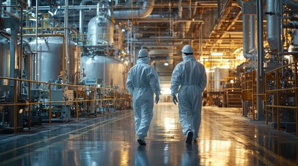 Poster - Two workers in protective gear walking through a large industrial facility filled with machinery and equipment.