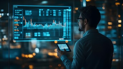 Poster - Businessman Analyzing Augmented Reality Trends and Financial Data in a Sleek Modern Office Environment  Professional Assessing Market Insights and Making Strategic Decisions