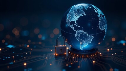 Poster - Data protection and cyber security with glowing chip and world map background