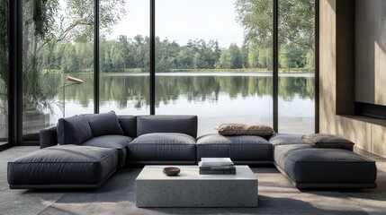 Sleek and stylish living room with a charcoal grey modular sofa, minimalist cement coffee table, and wall-sized windows facing a tranquil lake