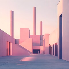 Poster - Minimalist pastel toned distillery with sharp angular architectural forms smooth surfaces and cinematic lighting showcasing a contemporary Bauhaus influenced industrial interior design