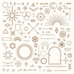 set of linear thin line art deco boho retro vintage design elements. geometric shapes, outline symbo