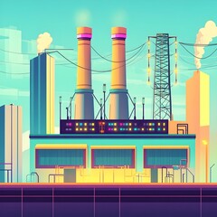 Poster - Minimalist cartoon style power plant with vibrant geometric shapes compact processing hubs angular power generators glowing relays and quirky utilitarian details