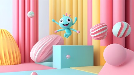 Poster - Vibrant pastel colored graphic design with a fun whimsical illustrated character dynamic composition of simple geometric shapes and a modern minimalist style