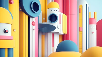Poster - Whimsical and Minimalist Power Station Design with Vibrant Geometric Shapes Smooth Rounded Edges and a Friendly Futuristic Architectural Aesthetic  Clean Modern and Efficient Energy Concept