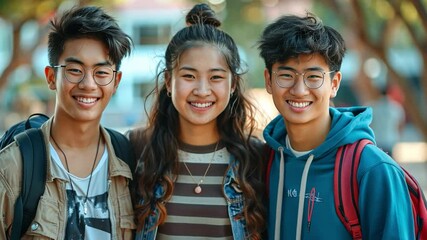 Poster - Three teenagers stand closely together, grinning happily as they enjoy a warm afternoon. They are dressed casually and radiate friendship in a lively school atmosphere.