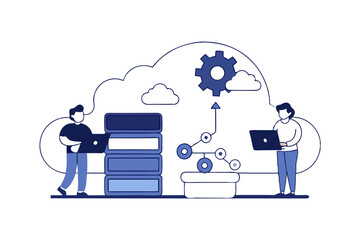 Technology storage and cloud connect concept with administrator and developer team working | vector illustration on white background