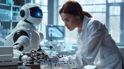 Poster - A woman is working with a robot in a lab