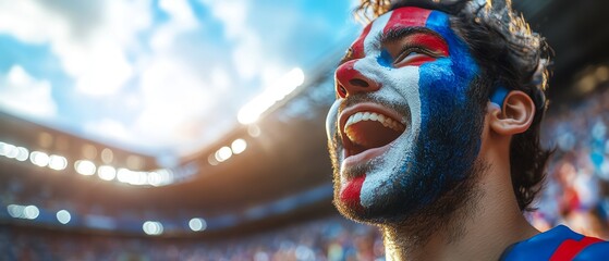 French fan with face painted in national flag colors, blue, white, and red, celebrating at a football or rugby match, stadium in the background, clear copy space