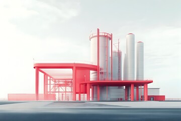 Poster - Pastel toned compact oil refinery with streamlined industrial structures in a minimalist visual style featuring eco friendly sustainable design and rendering with influences
