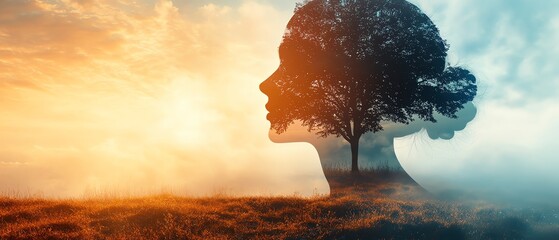 human head silhouette featuring a peaceful landscape, symbolizing mental serenity and inner calm, wi