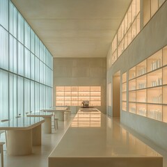 Poster - Minimalist Pastel Hued Modernist Distillery Interior with Geometric Glass and Steel Structures Diffused Natural Illumination and a Ambiance