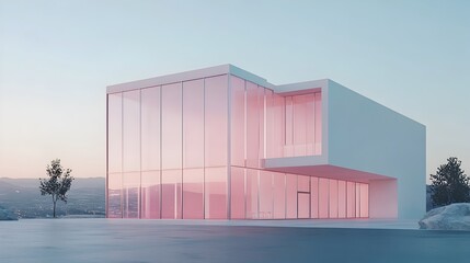 Poster - Compact pastel colored distillery with modern minimalist architecture featuring geometric shapes sleek glass facades clean lines metallic accents