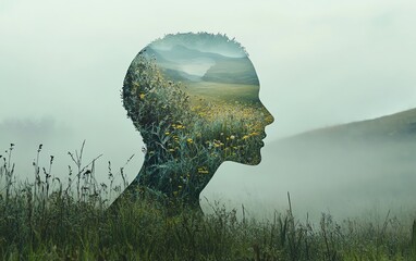 Fototapete - Outline of a head filled with a serene landscape, representing inner tranquility and mental calm, with clear copy space for educational or promotional use