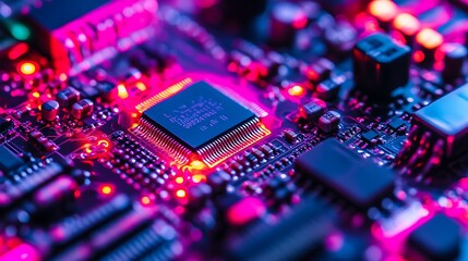 Aufkleber - Close-up of a glowing circuit board with a central processor chip.