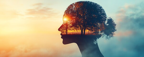 Poster - Outline of a human head filled with a serene landscape background, symbolizing inner peace and mental tranquility, ample copy space for text