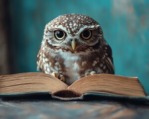 Owl with a book on a tranquil blue backdrop, representing wisdom and education, clear copy space for text, detailed and inspiring concept image