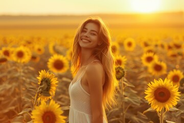 Poster - A woman smiles in a field of sunflowers. AI.