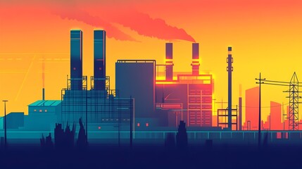 Poster - Cartoon style minimalist power plant featuring simplified geometric shapes vibrant colors sleek machinery and whimsical architectural elements  A compact high contrast of a futuristic