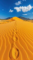 Poster - Footprints in the sand leading up a dune. AI.