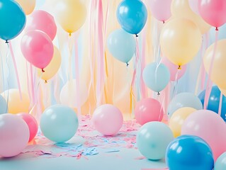 Vibrant pastel birthday party scene with floating balloons in shades of pink blue and yellow drifting through the air delicate paper streamers draped across the room