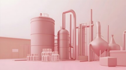 Poster - Pastel toned minimalist distillery with clean sleek geometric shapes and forms modern architectural elements and a soft monochrome color palette in a Bauhaus inspired high contrast style