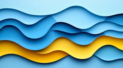 Poster - Curved layers of blue and yellow paper create a dynamic composition that evokes movement and fluidity, resembling ocean waves under a bright sky