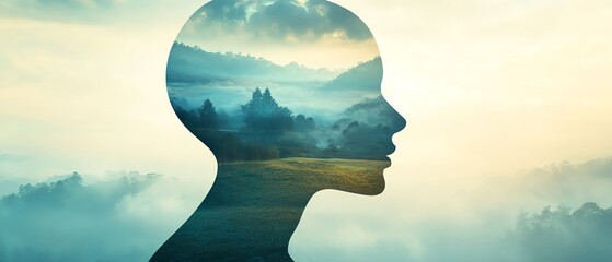 Poster - Silhouette of a human head with a peaceful landscape inside, representing inner calm and mental tranquility, clear copy space for promotional content