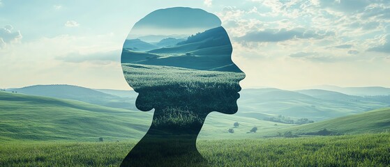 Poster - Silhouette of a human head with a peaceful landscape inside, representing inner calm and mental tranquility, clear copy space for promotional content