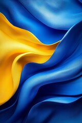 Poster - The fabric displays flowing waves of blue and yellow, symbolizing harmony and connection. The vibrant colors create a striking visual in a well-lit space