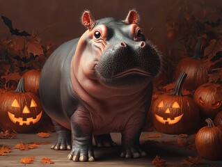 A whimsical hippo surrounded by Halloween pumpkins in a festive autumn setting.