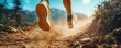 © Nattapat - Trail running shoes in motion on a dusty trail, emphasizing speed and determination, energetic and intense running scene