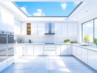 Aufkleber - Bright and airy modern kitchen with sleek white cabinets state of the art appliances and an expansive skylight window framing the blue sky above  The clean lines geometric shapes