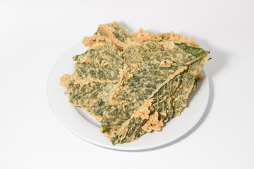 Keripik Bayam. Amaranth Chips. This savory snack made of green amaranth leaves floured and deep fried.