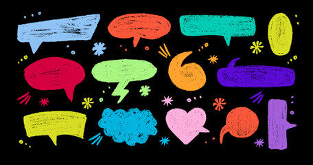 Chalk pencil speech bubbles doodle set. Crayon communication frame, comic talk balloon in sketch style, Grunge texture. Hand drawn vector illustration isolated on black background