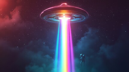 Aufkleber - UFO with vibrant neon lights beaming down, cosmic scene. Science fiction and extraterrestrial life concept