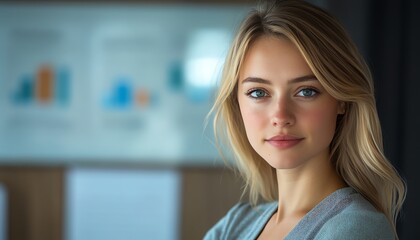 Aufkleber - Blonde Caucasian female IT data analyst with data flow graphics, in a professional business context, featuring ample copy space for information
