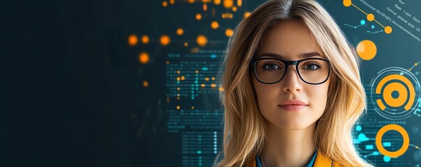 Aufkleber - Blonde Caucasian woman data analyst in IT with data flow elements around her, showcasing a professional business demeanor, with room for text