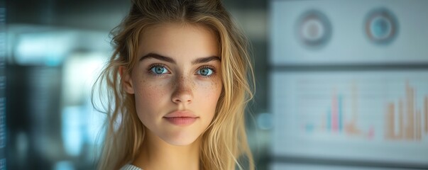 Aufkleber - Blonde Caucasian woman data analyst in IT with data flow elements around her, showcasing a professional business demeanor, with room for text