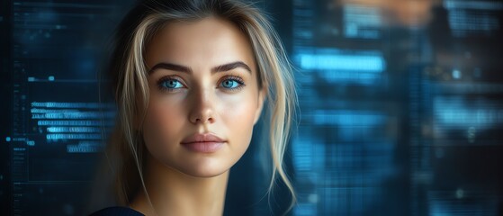 Poster - Blonde Caucasian woman in IT, portrayed as a data analyst with data flow graphics, emphasizing professionalism and expertise, with ample copy space
