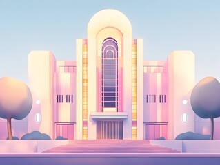 Poster - Minimalist Pastel Distillery with Elegant Art Deco Inspired Symmetrical Facade and Soft Lighting A Architectural Capturing the Refined Aesthetic and Tranquil Ambiance of this Sophisticated Urban