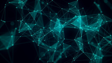 Leinwandbilder - Network connection structure with glitch effect. Green science background. Abstract digital background. Big data visualization. 3d rendering.