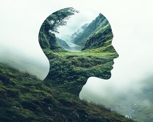 Fototapete - Detailed outline of a human head with a tranquil landscape inside, representing mental serenity and inner peace, ample copy space