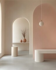 Poster - Soft pastel colored minimalist interior decor with natural lighting perfect for showcasing products brand imagery or creating a clean serene ambiance