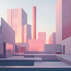Poster - Minimalist Pastel Distillery with Sharp Angular Architectural Forms Muted Color Tones and Smooth Surfaces Featuring Cinematic Lighting Bauhaus Influence and Industrial Neighborhood Setting