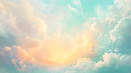 Poster - Soft pastel gradient background with subtle textures and iridescent clouds drifting across the serene tranquil sky  Glowing sun rays peeking through creating a romantic