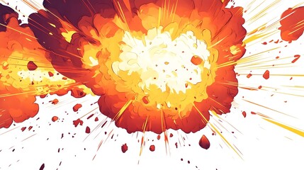 Poster - Dramatic and Captivating Fireball Explosion with Shockwave Effect in a Comic Style Flat Design on a White Background
