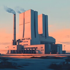 Poster - Streamlined and simplified architectural elements of a power station featuring a bold primary color scheme dynamic symmetrical composition